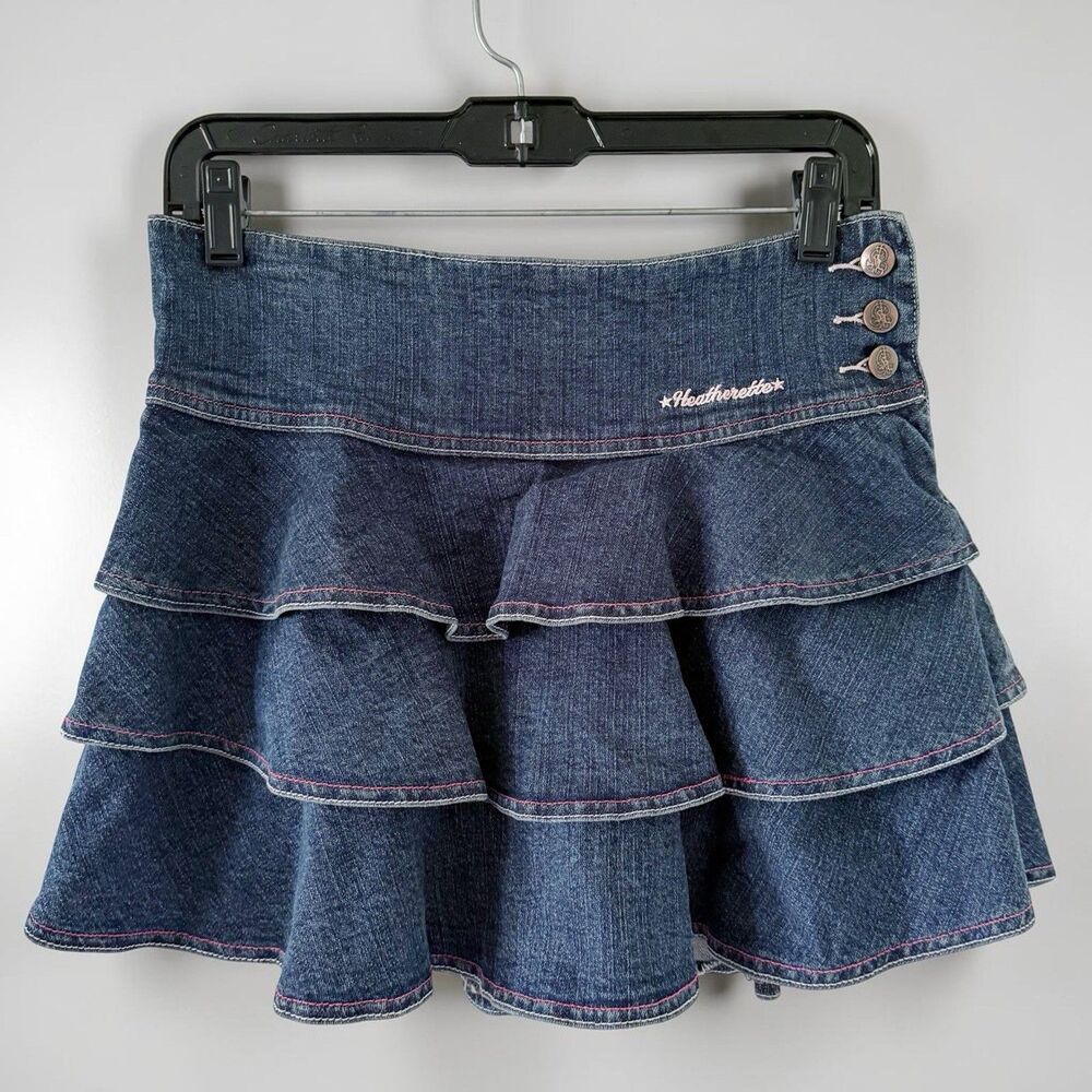 Vintage Y2K Ruffled Tiered Denim Mini Skirt Heatherette 7 Cotton Stretch 2000s